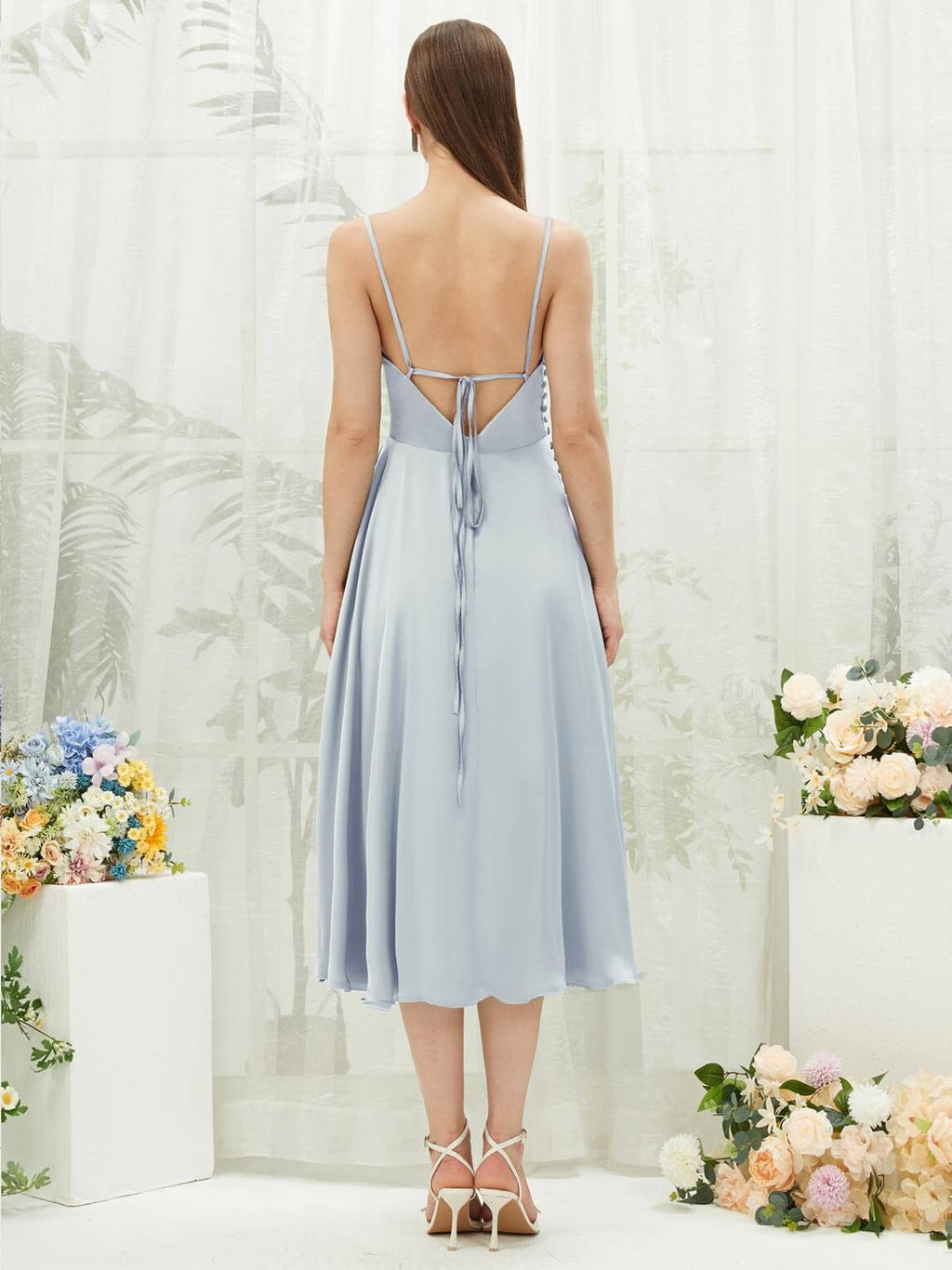 NZ Bridal Slit Tea Length Satin bridesmaid dresses AA30511 Ceci Cornflower Blue a