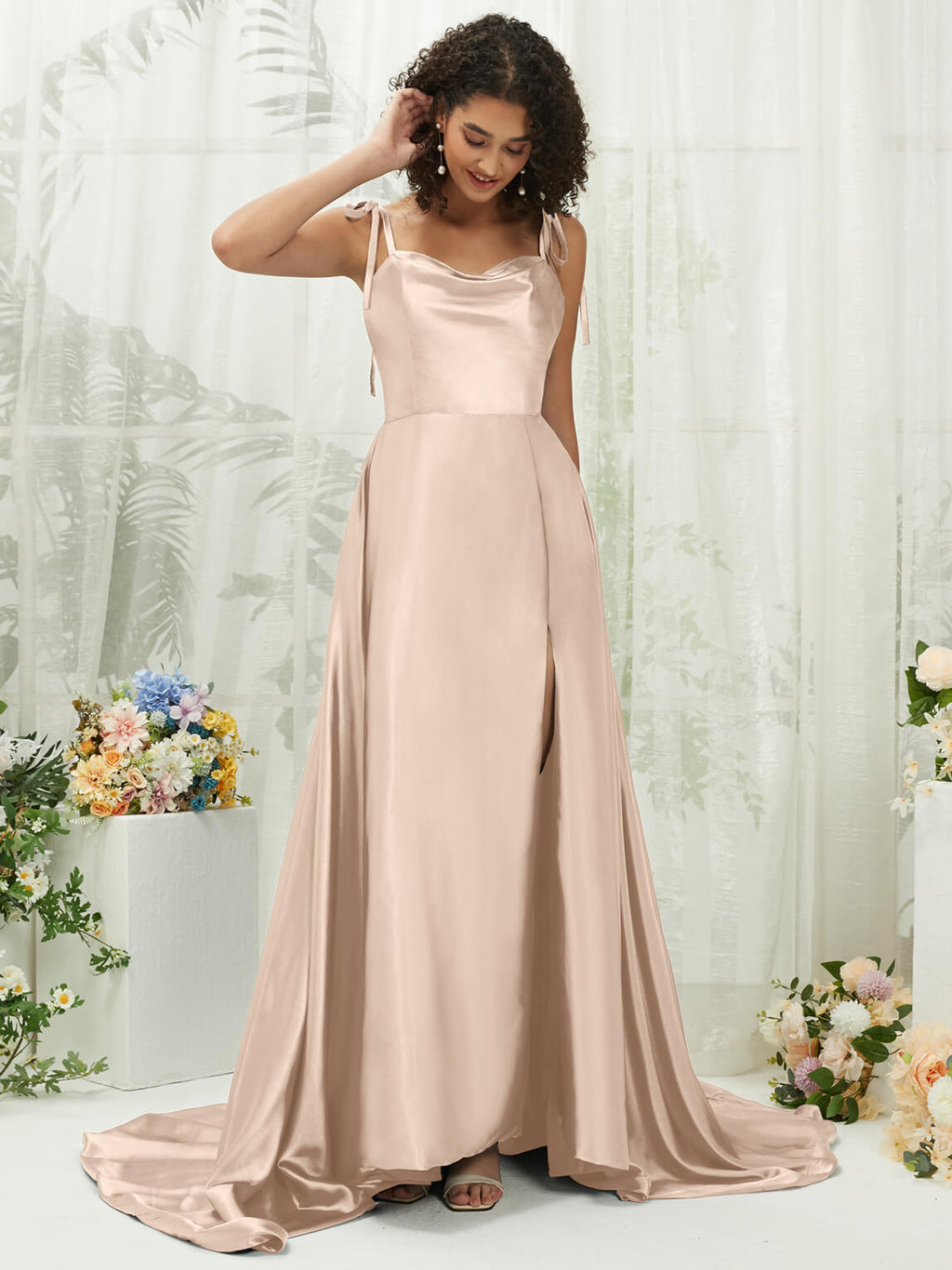 NZ Bridal Spaghetti Straps Maxi Champagne Satin bridesmaid dresses XC30113 Juliet a