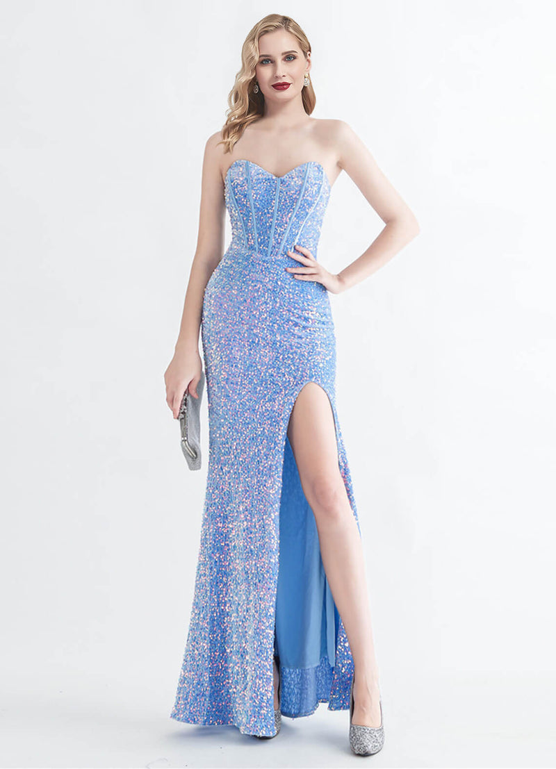 NZ Bridal Strapless Slit Cornflower Blue Sequin Mermaid Prom Dress 31155 Victoria a