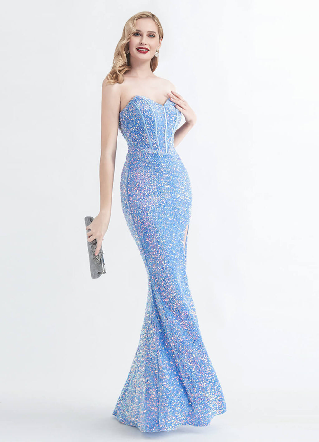 NZ Bridal Strapless Slit Cornflower Blue Sequin Mermaid Prom Dress 31155 Victoria c