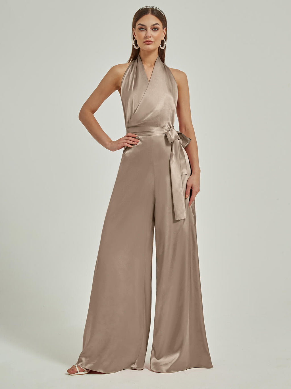 NZ Bridal Taupe Halter Jumpsuit Satin Rompers EB30S19 Poppy a