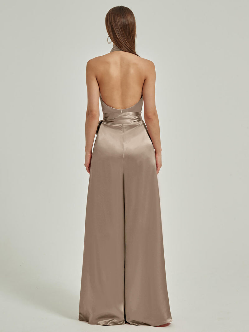 NZ Bridal Taupe Halter Jumpsuit Satin Rompers EB30S19 Poppy b