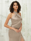 NZ Bridal Taupe Sweep Train Satin bridesmaid dresses R30517 Athena detail1