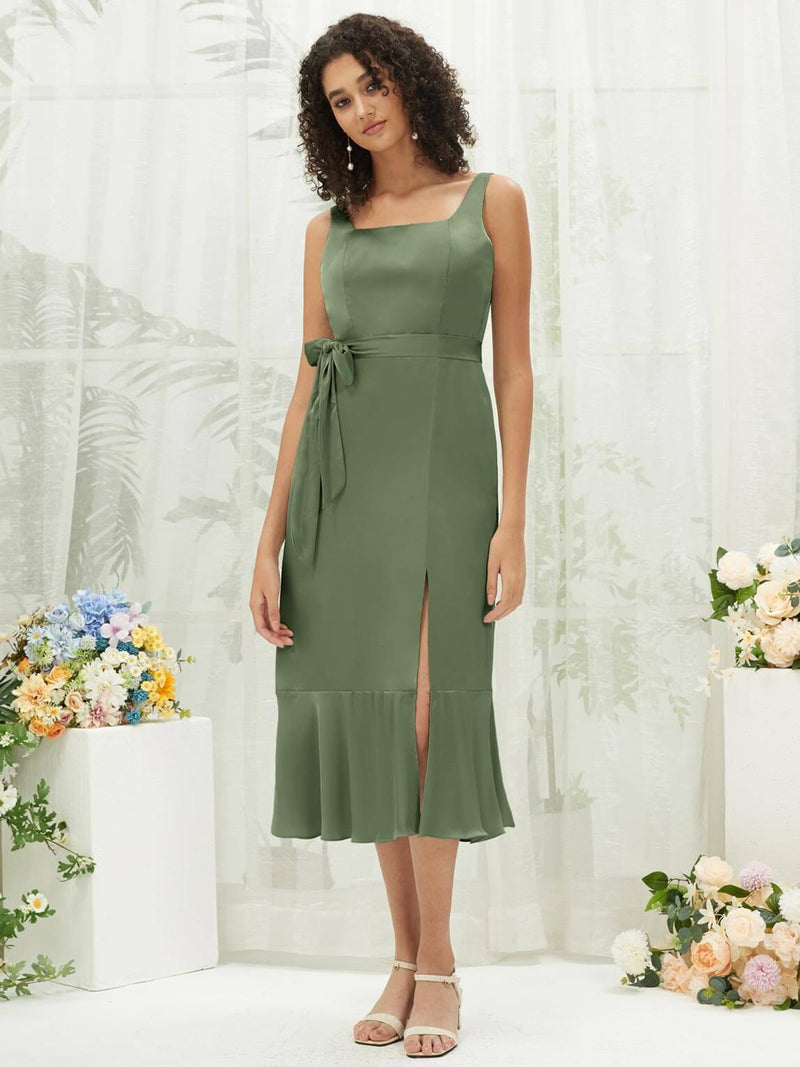 NZ Bridal Tea Length Satin bridesmaid dresses BG30215 Eugenia Olive Green c
