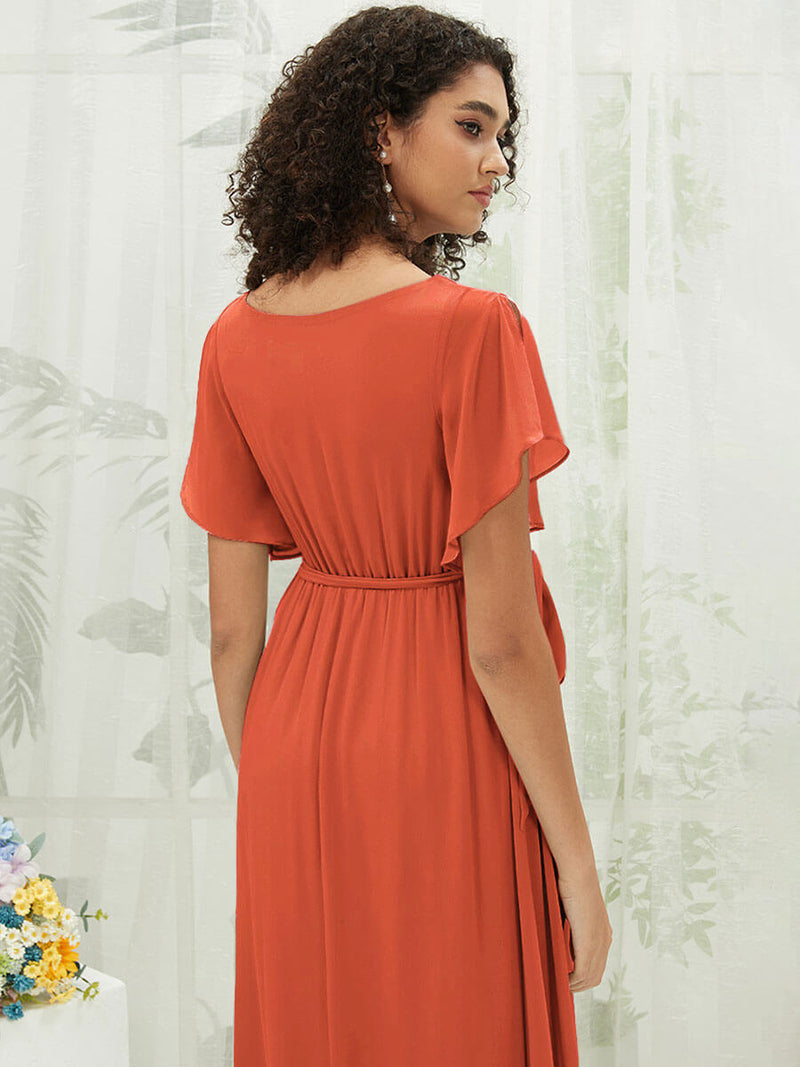 terracotta chiffon bridesmaid dress Long V Neck Chiffon Split Bridesmaid Dresses Lisposa