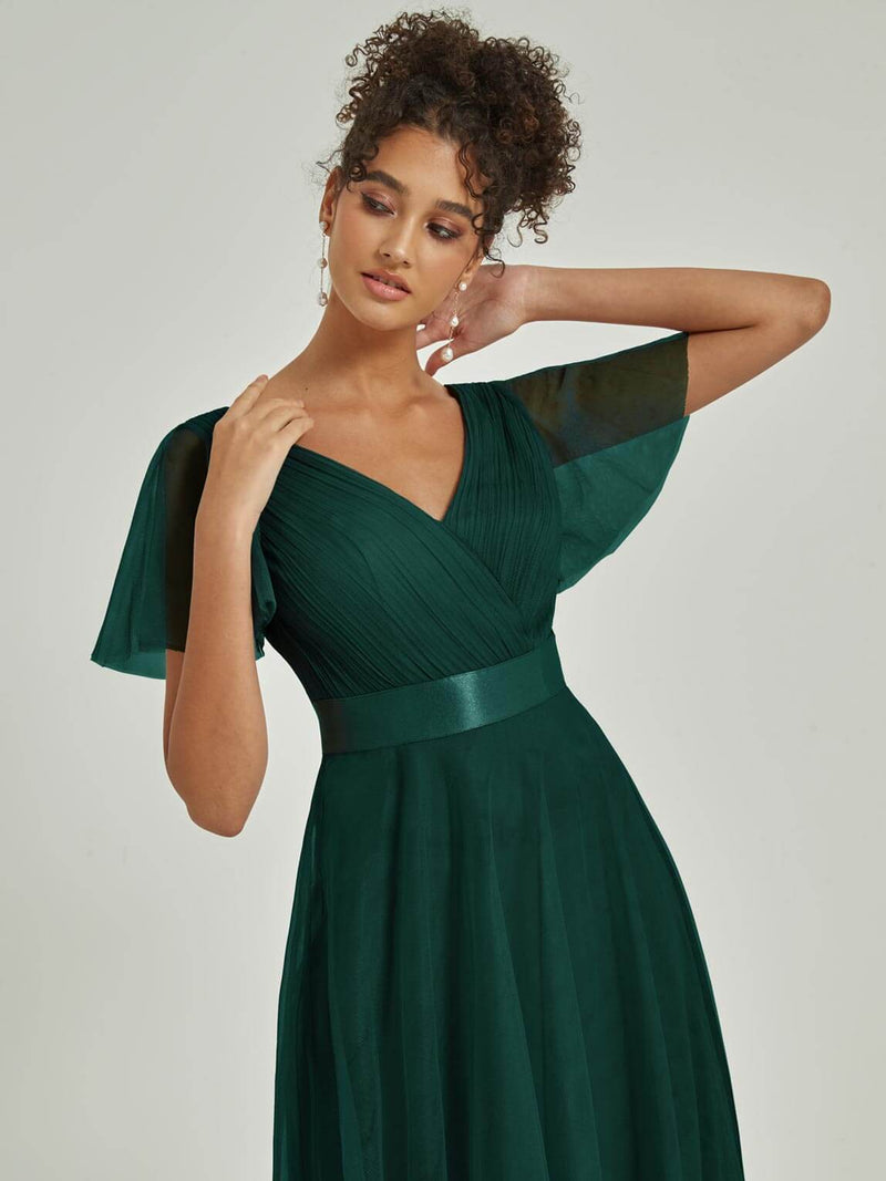 Tulle V-neck Ruffle Sleeve Pleated Bridesmaid Gown Lucy NZ Bridal Tulle V-neck Ruffle Sleeve Pleated Bridesmaid Gown Lucy NZ Bridal