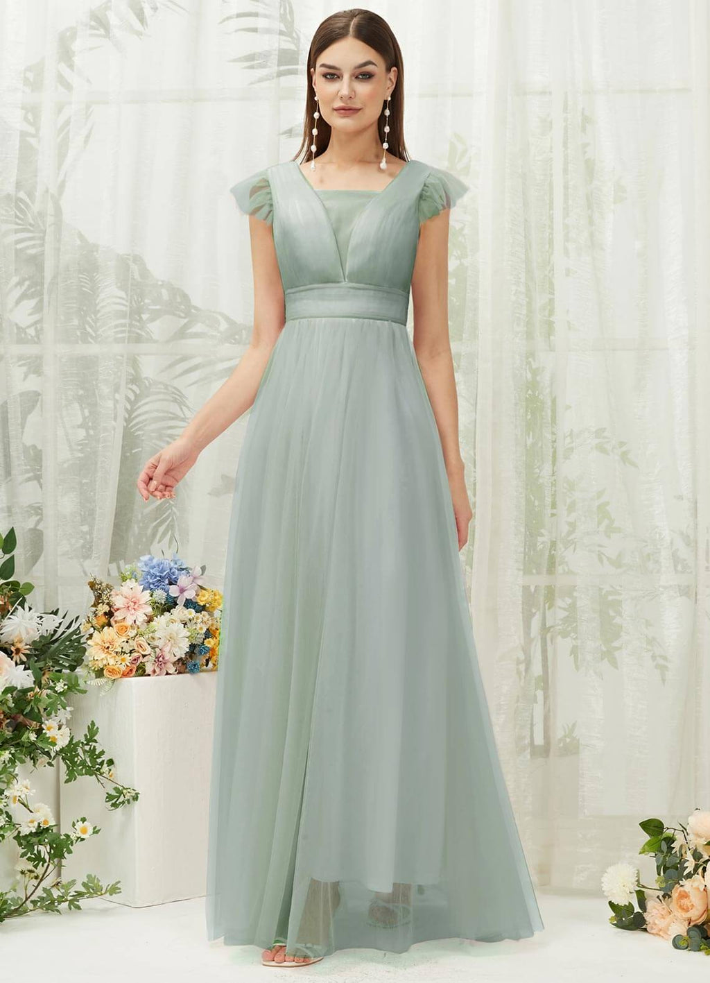 NZ Bridal Tulle Maxi Backless Sage Green  bridesmaid dresses R0410 Collins a