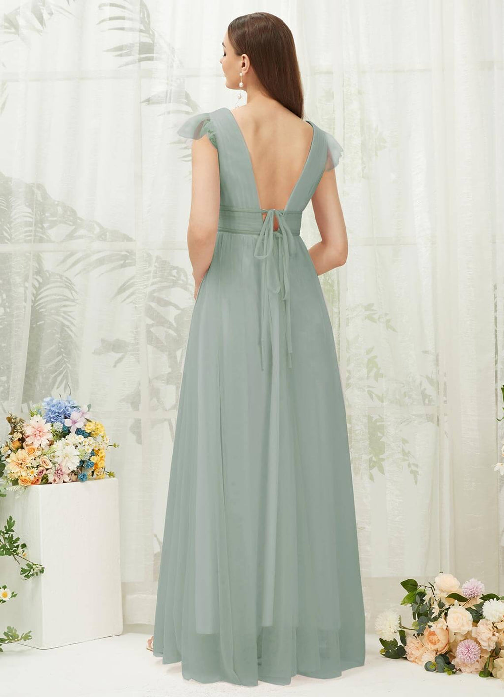 Sage Green Tulle Cap Sleeves Floor Length Flowy Bridesmaid Dresses NZ Bridal Sage Green Tulle Cap Sleeves Floor Length Flowy Bridesmaid Dresses NZ Bridal