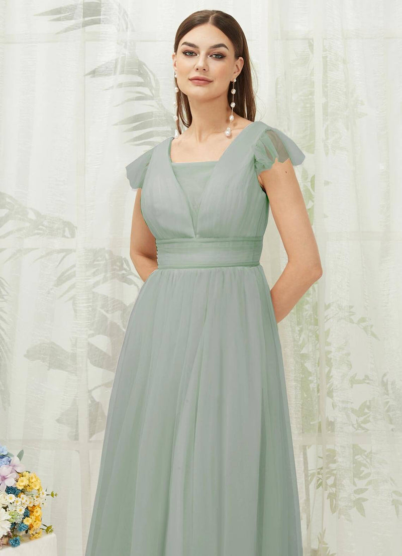 Sage Green Tulle Cap Sleeves Floor Length Flowy Bridesmaid Dresses NZ Bridal Sage Green Tulle Cap Sleeves Floor Length Flowy Bridesmaid Dresses NZ Bridal