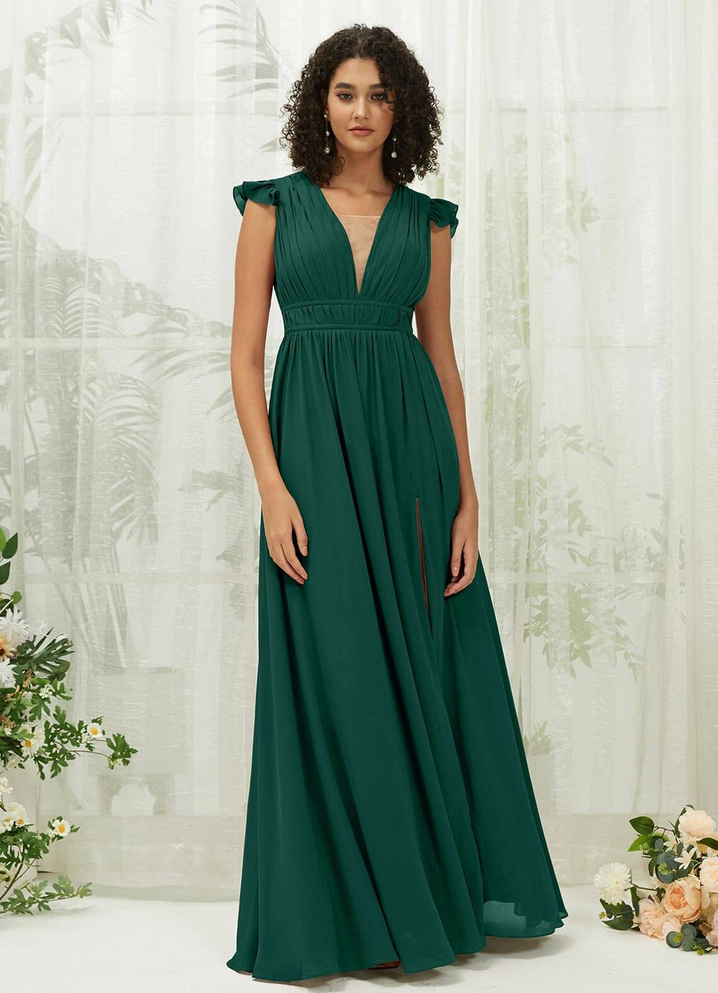 NZ Bridal V Backless Chiffon Emerald Green Pleated bridesmaid dresses R0410 Collins a