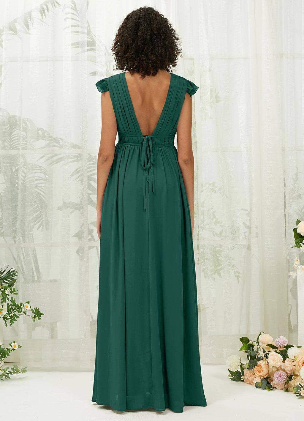 NZ Bridal V Backless Chiffon Emerald Green Pleated bridesmaid dresses R0410 Collins a