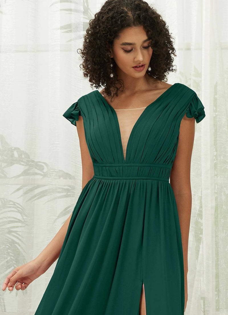 NZ Bridal V Backless Chiffon Emerald Green Pleated bridesmaid dresses R0410 Collins detail1