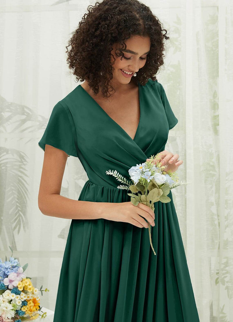 Emerald Green Chiffon Short Sleeve V-Neck Wrap Pleated Bridesmaid Dress Emerald Green / XL / N14 Emerald Green Chiffon Short Sleeve V-Neck Wrap Pleated Bridesmaid Dress Emerald Green / XL / N14