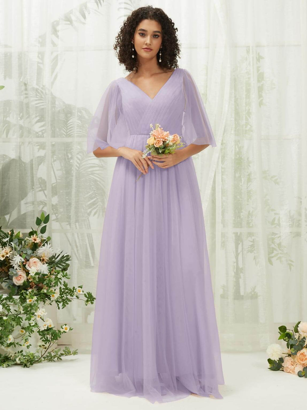 NZ Bridal V Neck Light Dusty Purple Tulle Maxi bridesmaid dresses R1026 Thea a