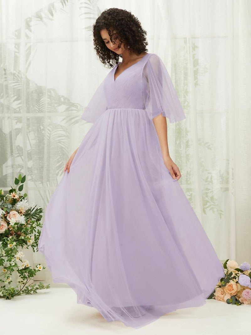 NZ Bridal V Neck Light Dusty Purple Tulle Maxi bridesmaid dresses R1026 Thea c