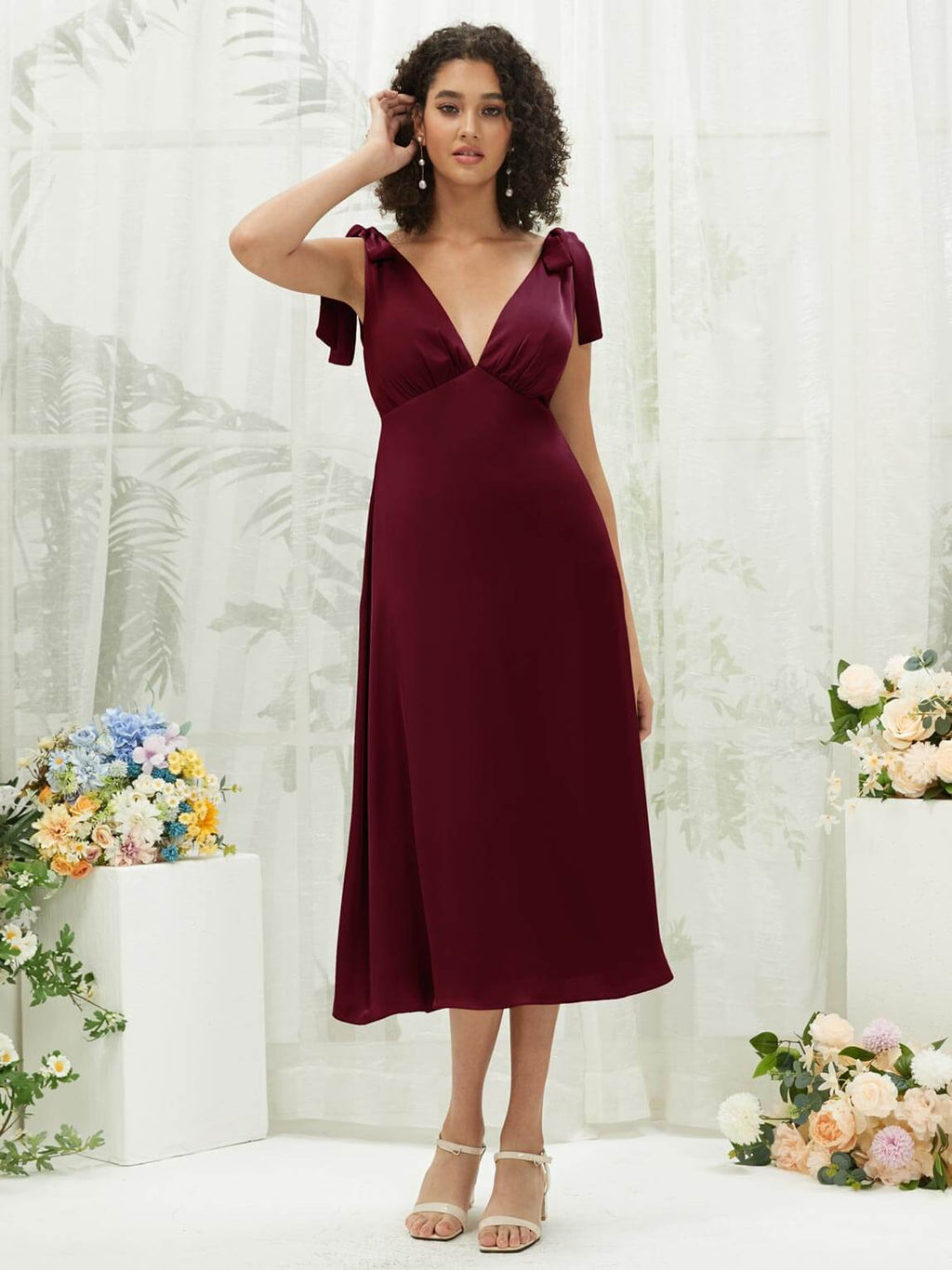 NZ Bridal V Neck Tea Length Satin bridesmaid dresses BH30512 Gloria Burgundy a