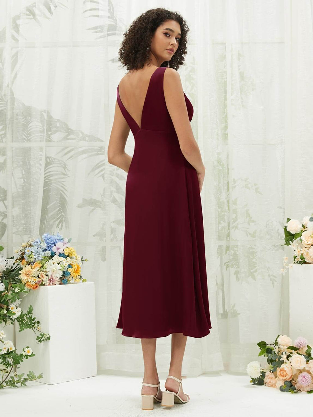 NZ Bridal V Neck Tea Length Satin bridesmaid dresses BH30512 Gloria Burgundy a