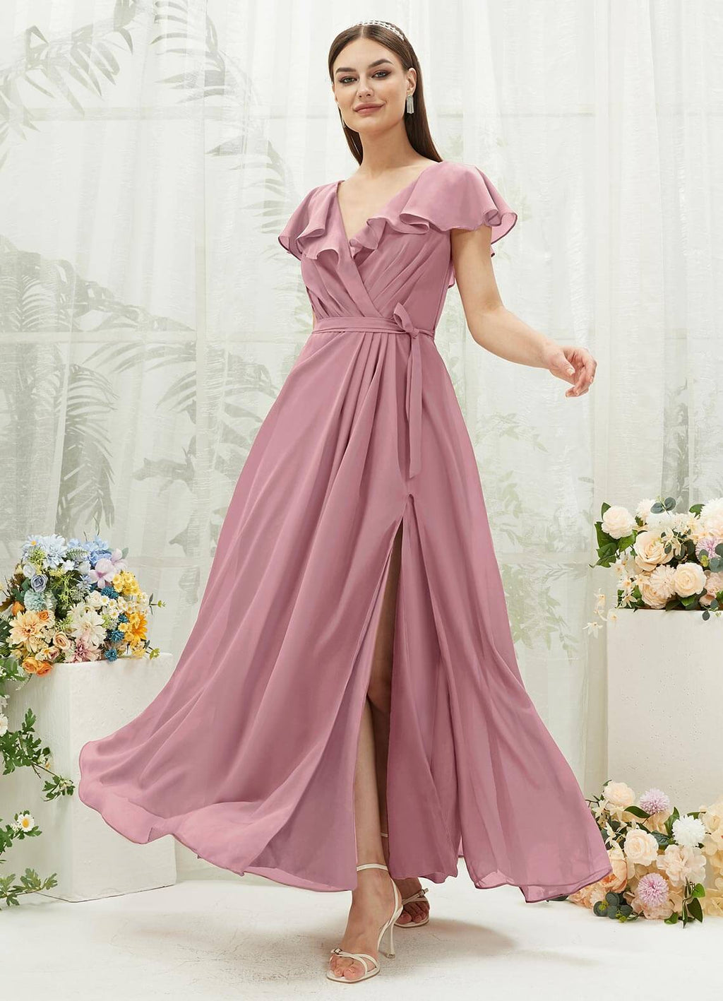 NZ Bridal Vintage Chiffon Ruffle Sleeves Maxi Bridesmaid Dress With Slit AZ31002 Jael a