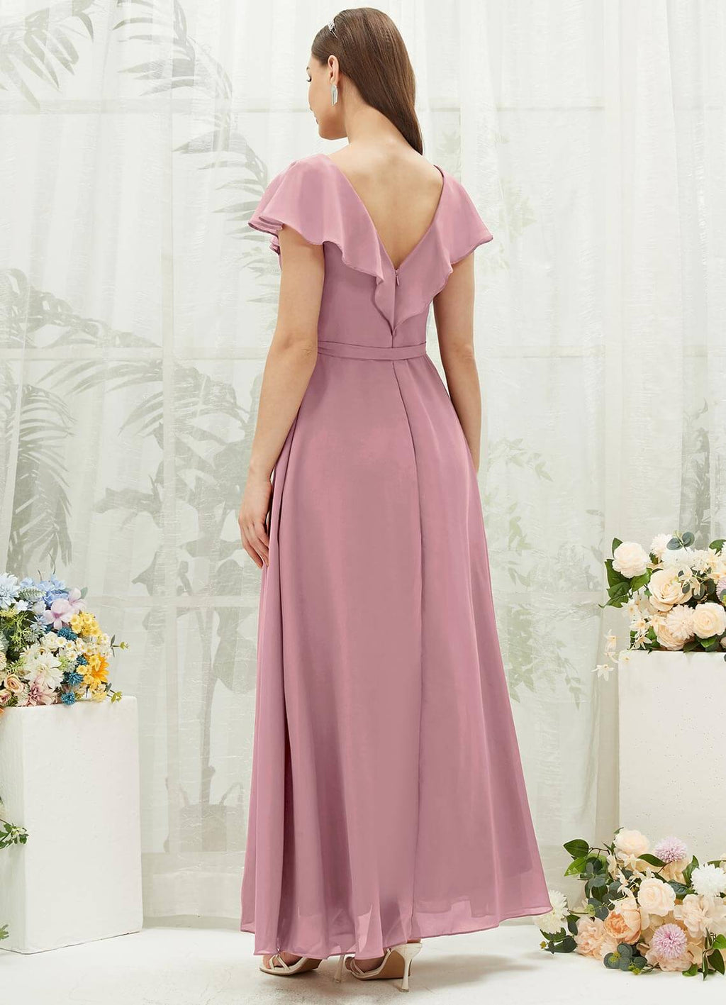 Vintage Mauve Chiffon Ruffle Sleeve V-Neck Slit Maxi Bridesmaid Dress NZ Bridal Vintage Mauve Chiffon Ruffle Sleeve V-Neck Slit Maxi Bridesmaid Dress NZ Bridal