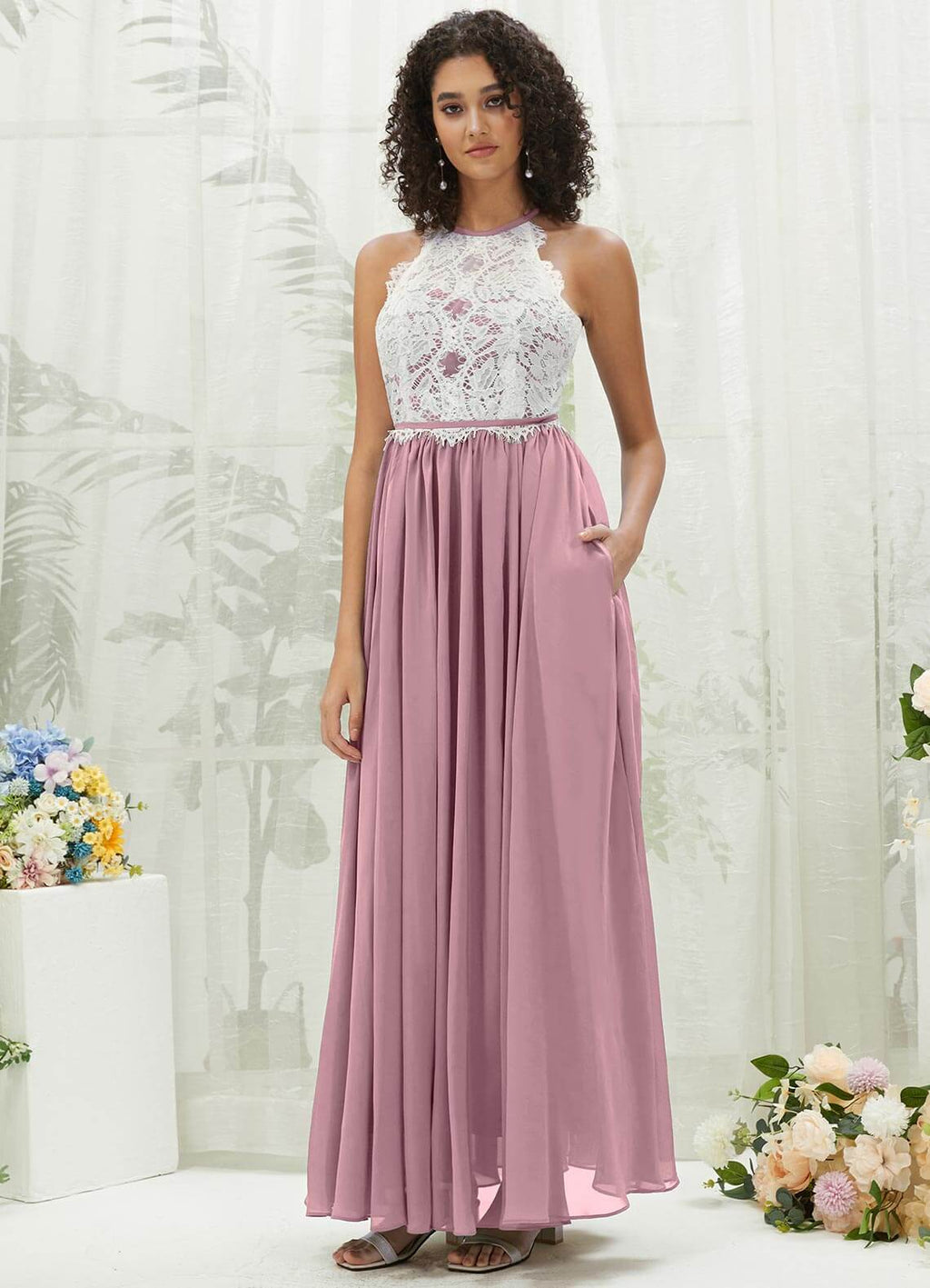 NZ Bridal Vintage Mauve Chiffon Floor Length Bridesmaid Dress With Pocket TC0426 Heidi a
