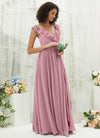 NZ Bridal Vintage Mauve Ruffle V Neck Chiffon Floor Length Bridesmaid Dress R3702 Valerie c