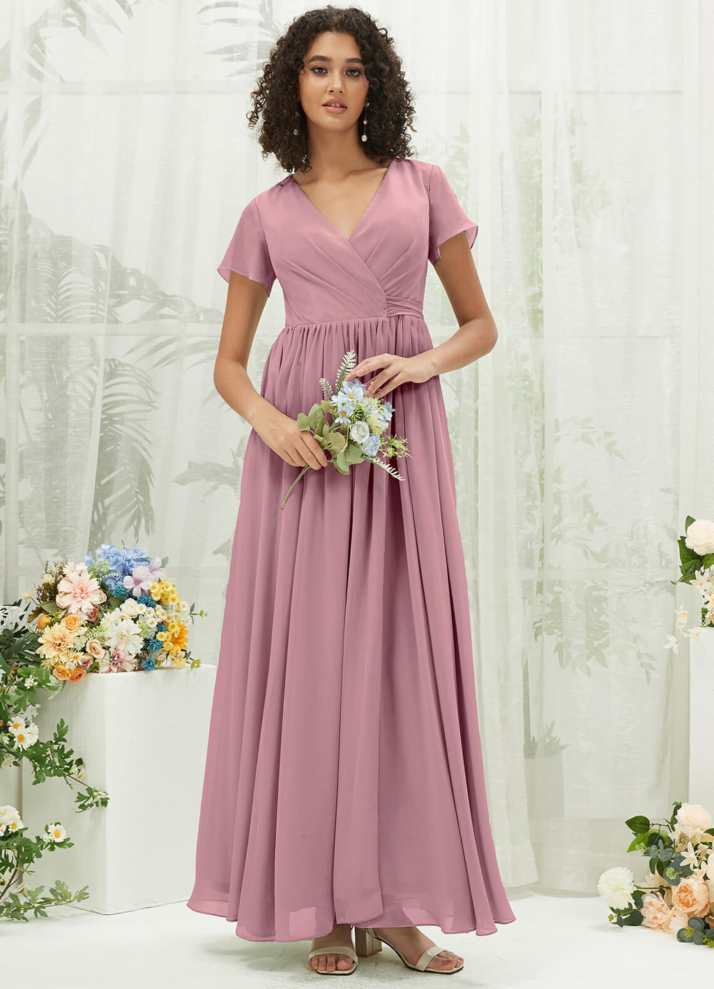 NZ Bridal Vintage Pleated V Neck Chiffon Floor Length Bridesmaid Dress R0107 Harow a