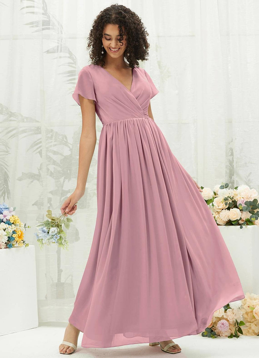 NZ Bridal Vintage Pleated V Neck Chiffon Floor Length Bridesmaid Dress R0107 Harow a