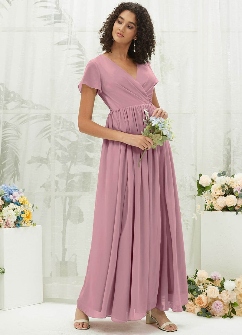 NZ Bridal Vintage Pleated V Neck Chiffon Floor Length Bridesmaid Dress R0107 Harow d