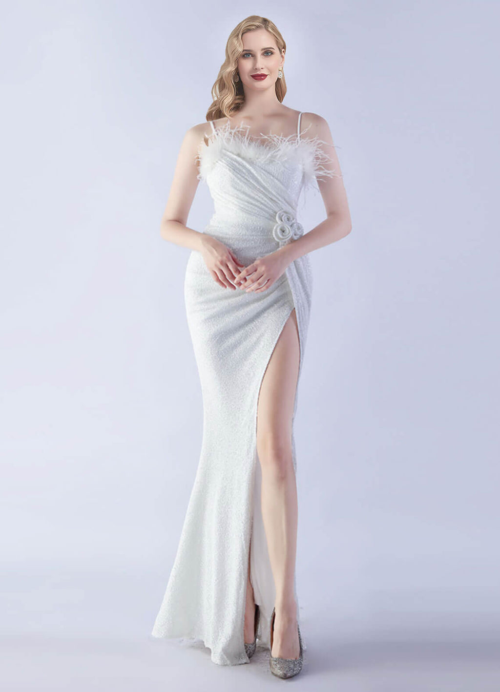 NZ Bridal White Feather Sleeveless Maxi Sequin Prom Dress 31365 Sadie a