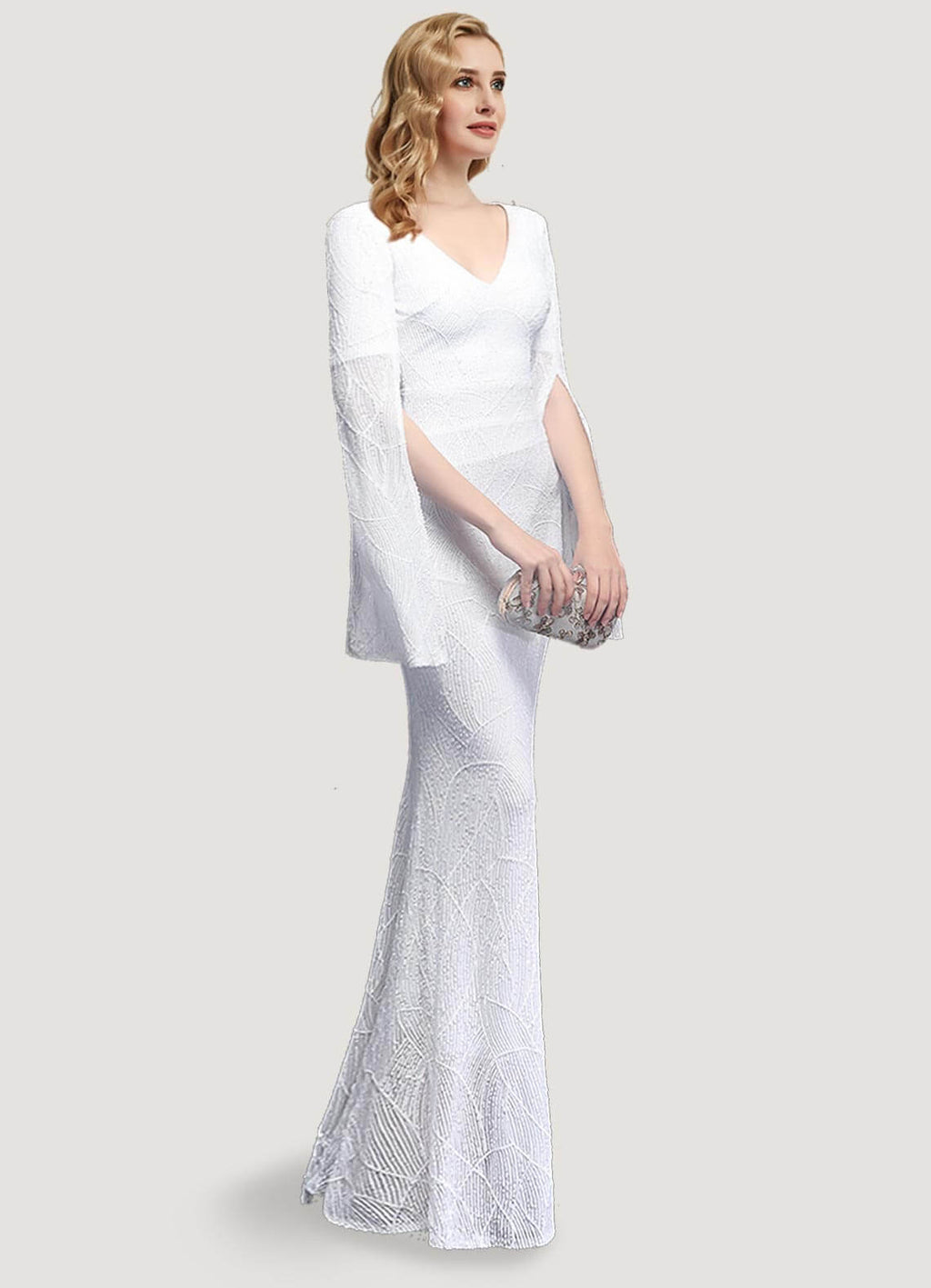 NZ Bridal White Long Slit Sleeves V Neck Sequin Mermaid Prom Dress 18576 Alora a