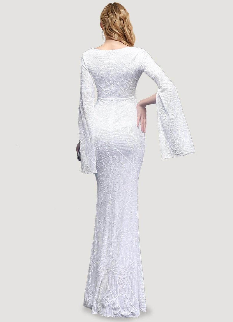 NZ Bridal White Long Slit Sleeves V Neck Sequin Mermaid Prom Dress 18576 Alora b