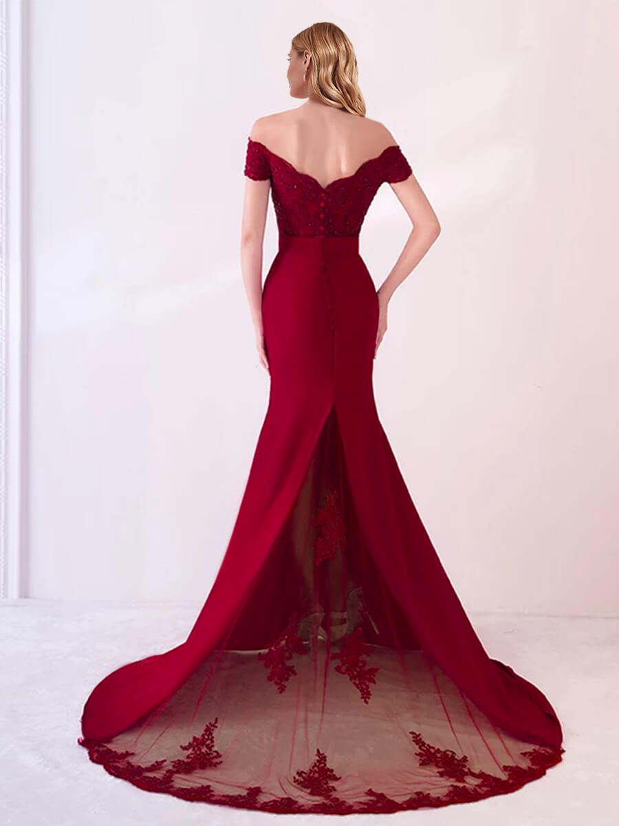 NZ Bridal Wine Red Crepe Lace Bead Off Shoulder Prom Dress NZB001 Bonnie a