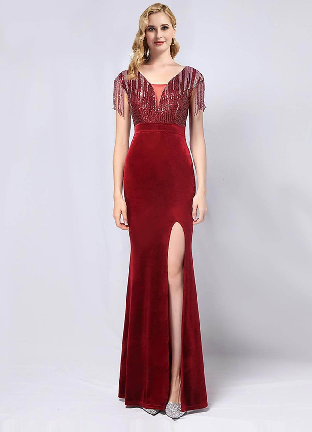 NZ Bridal Wine Red Tassel Sleeves Sequin Maxi Prom Dress 18630 Gianna a