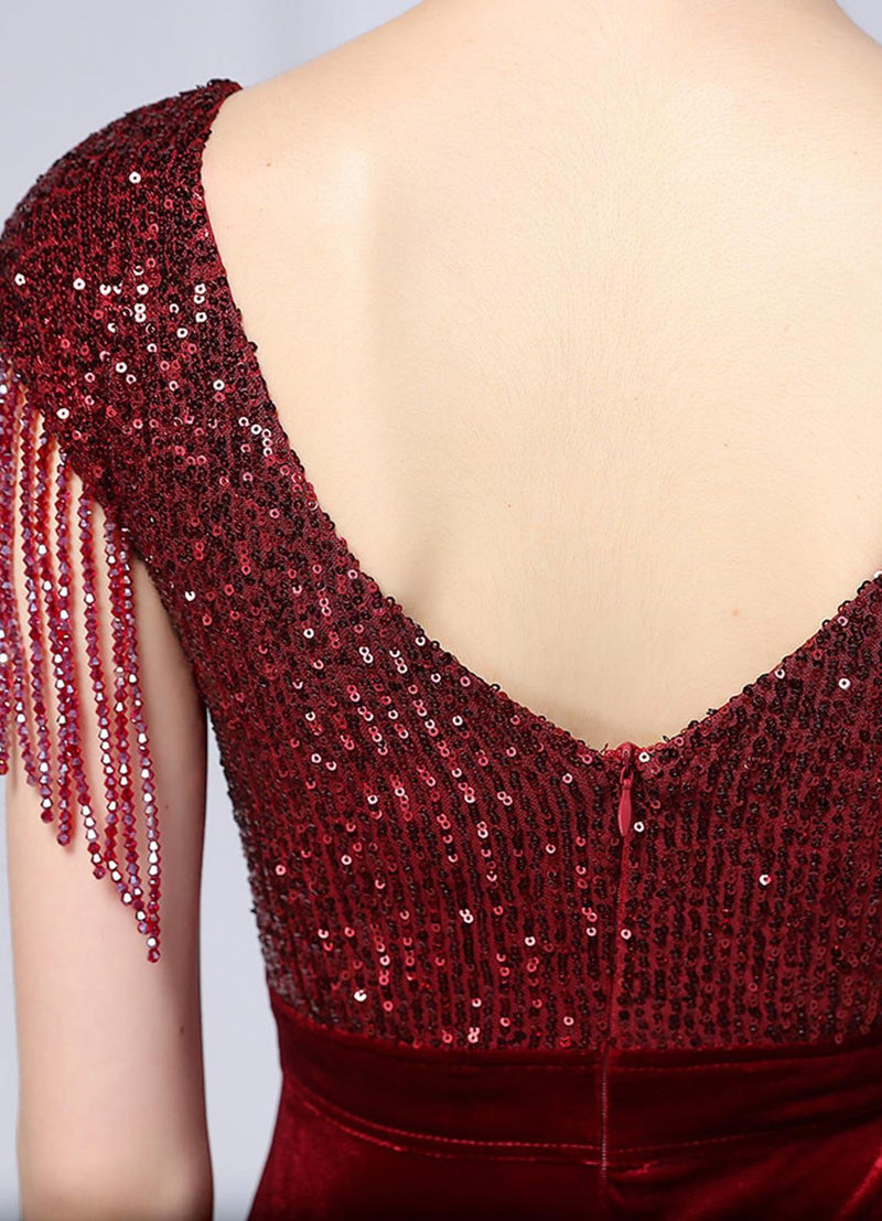 NZ Bridal Wine Red Tassel Sleeves Sequin Maxi Prom Dress 18630 Gianna detail1