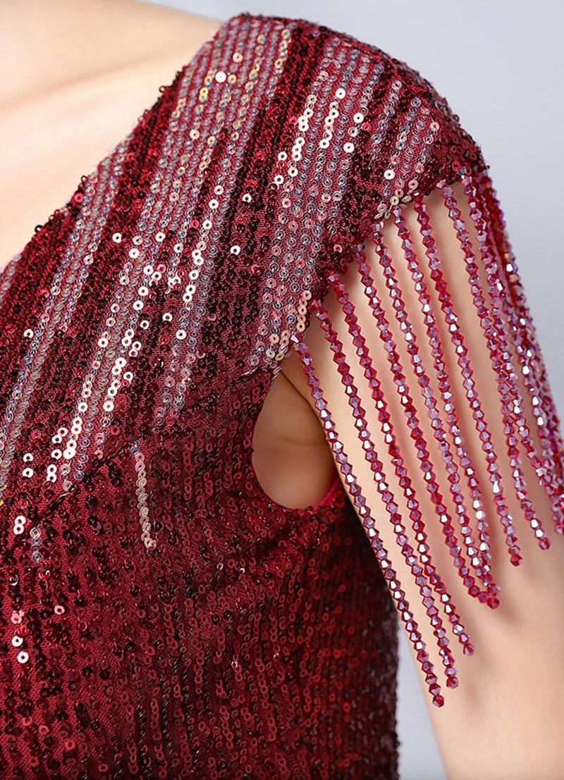 NZ Bridal Wine Red Tassel Sleeves Sequin Maxi Prom Dress 18630 Gianna detail3