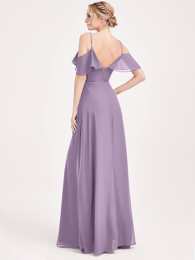 Dusty Purple 1 Of 3 Convertible Ways Bridesmaid Dress ZOLA Cold-Shoulder Flounced Sleeves Chiffon A-line Gown For Bridesmaid Party Dusty Purple / XL