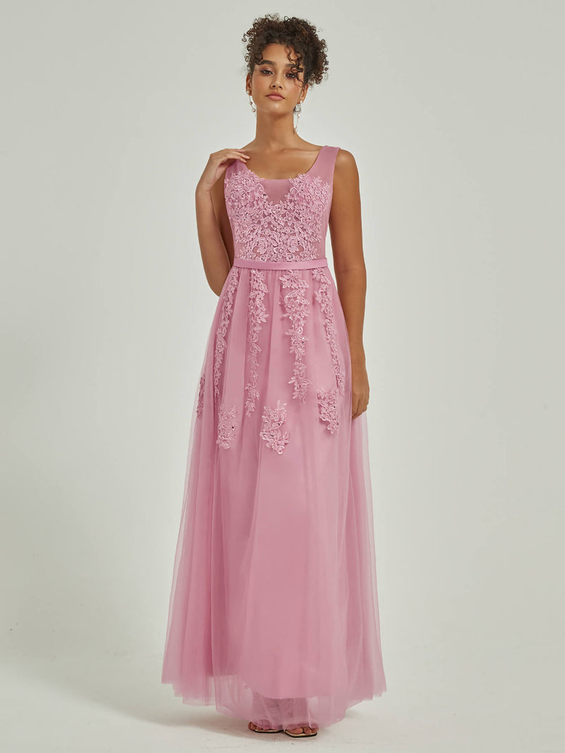 Tulle Lace Sheer V Neck Sleeveless Backless Floor Length Bridesmaid Dress Lana