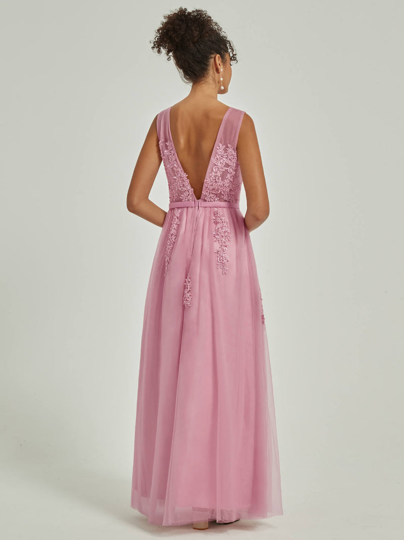 Tulle Lace Sheer V Neck Sleeveless Backless Floor Length Bridesmaid Dress Lana for Women