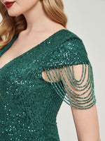 [Final Sale] Champagne Gold Beading Sleeves Sequin Mermaid Formal Gown