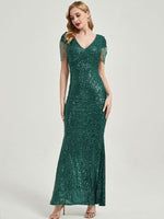 [Final Sale] Dark Navy Beading Sleeves Sequin Mermaid Formal Gown