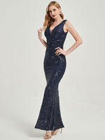 Steel Grey Sequin Sleeveless Sheer V-Neck Maxi Mermaid Formal Gown