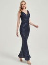 Steel Grey Sequin Sleeveless Sheer V-Neck Maxi Mermaid Formal Gown