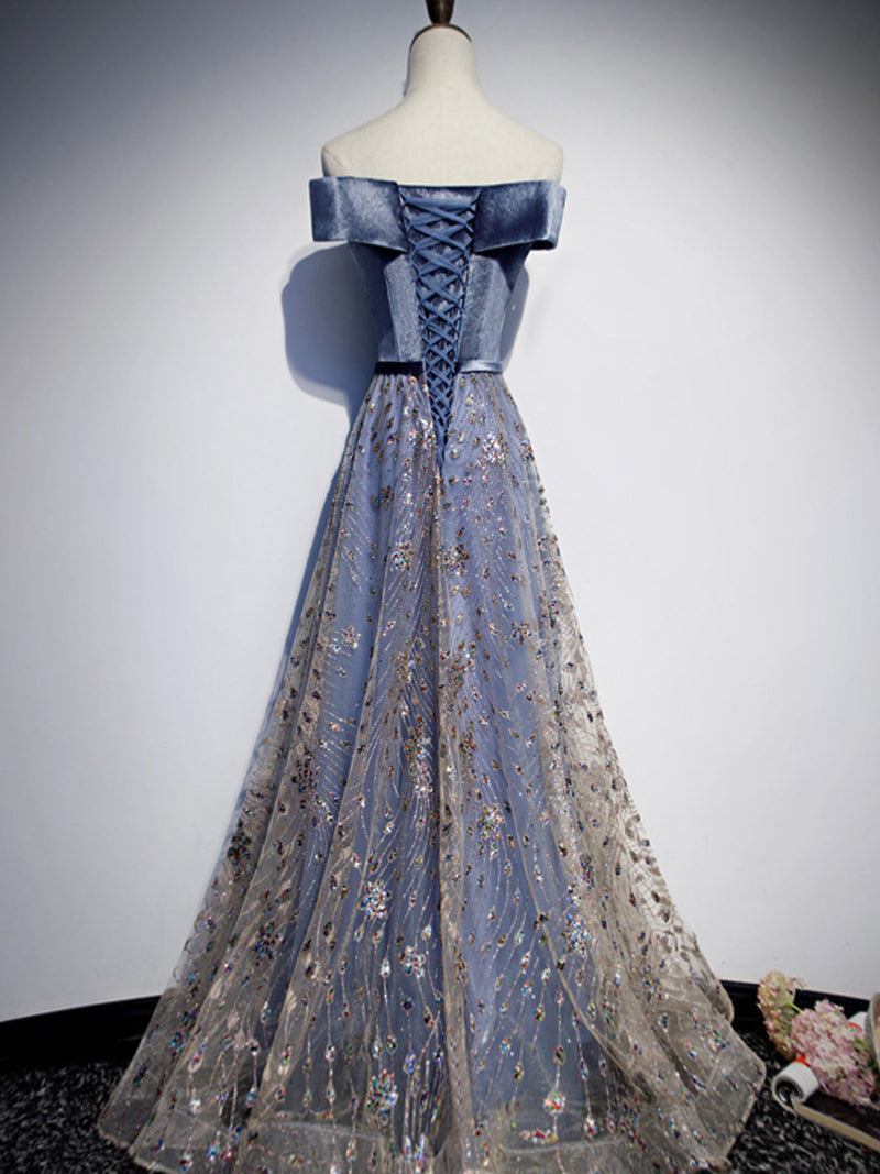[Final Sale] US14 Velvet Winter Lapel Off Shoulder Blue Velvet Tulle Ball Gown