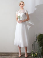 Spaghetti Straps A-Line Tea Length Tulle Little White Wedding Dress with Lace Separated Top