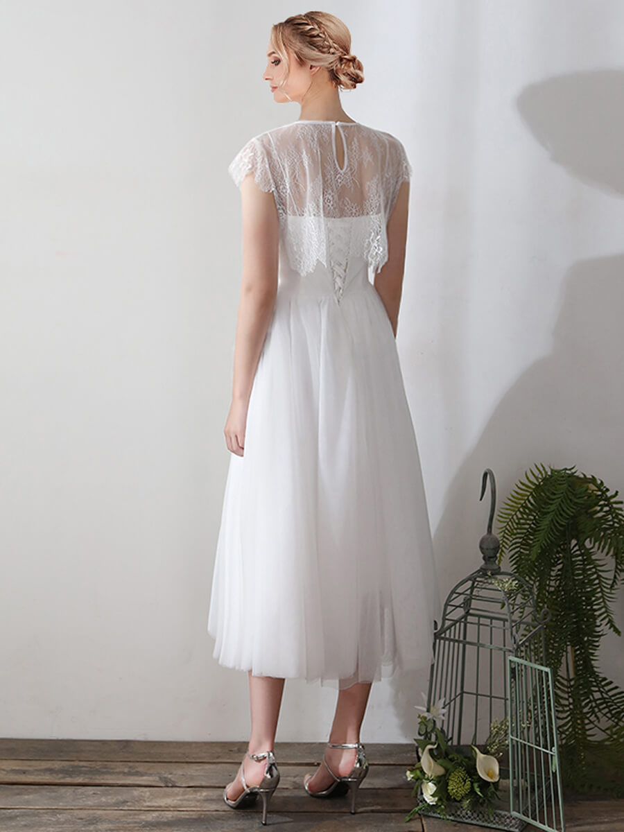 Spaghetti Straps A-Line Tea Length Tulle Little White Wedding Dress with Lace Separated Top