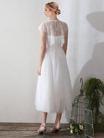 A-Line Tea Length Tulle Little White Wedding Dress with Lace Separated Top