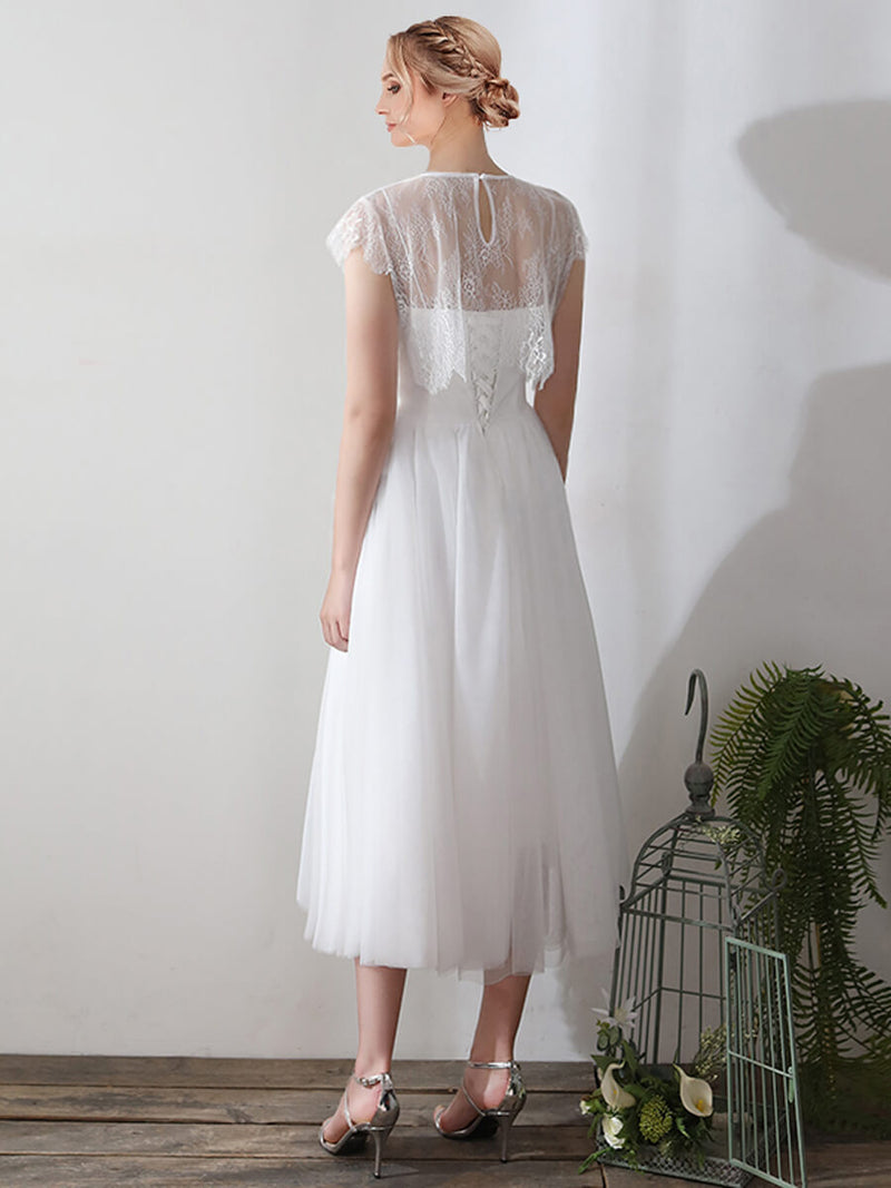 A-Line Tea Length Tulle Little White Wedding Dress with Lace Separated Top