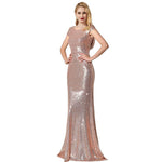 Rose Gold Sequin Back Cowl Neck Long Evening Party Gown