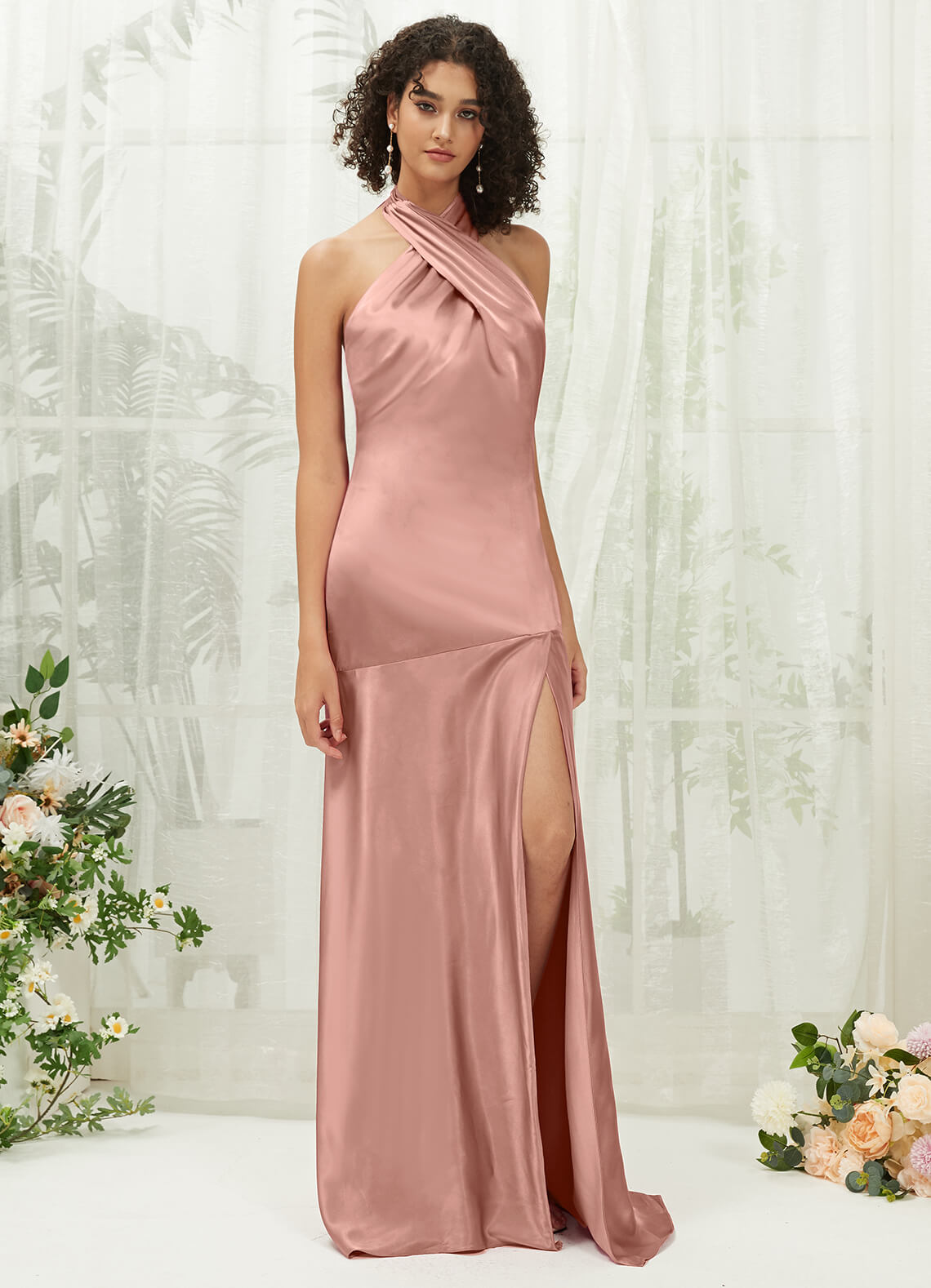 Dusty Pink Satin Halter Neck Sleeveless Maxi Bridesmaid Dress With Sli