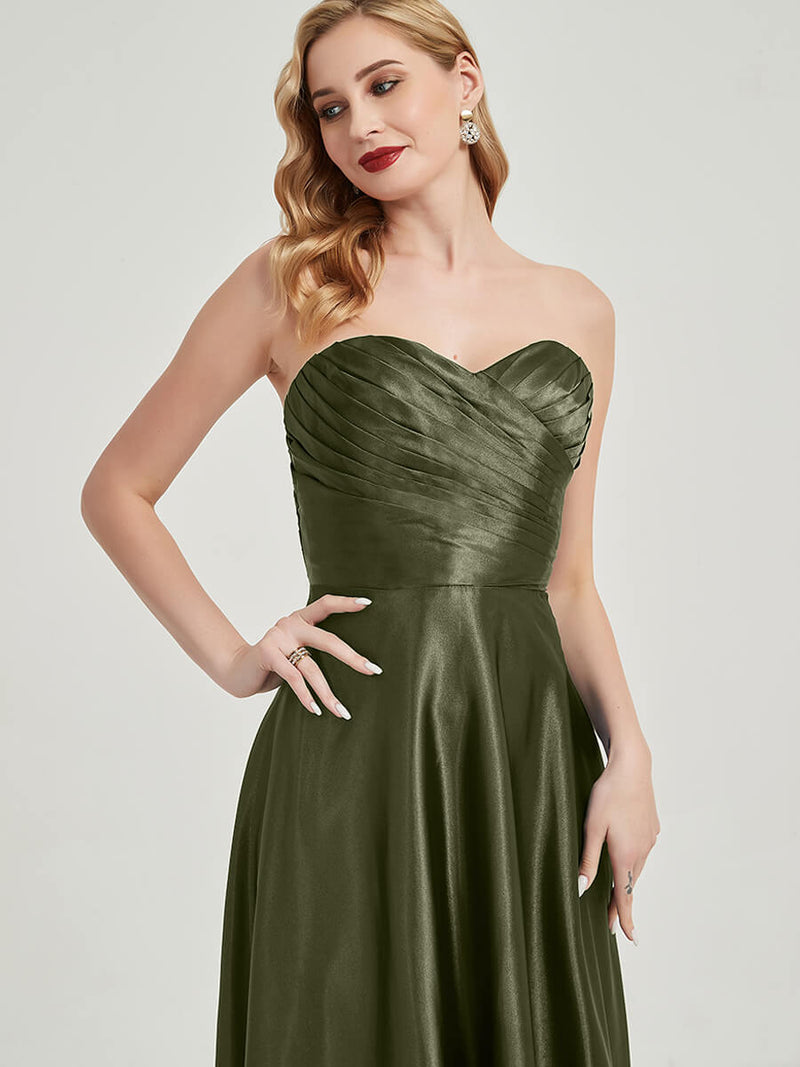 Olive Satin Sweetheart Strapless Floor Length Pleated Bridesmaid Dress NZ Bridal Olive Satin Sweetheart Strapless Floor Length Pleated Bridesmaid Dress NZ Bridal